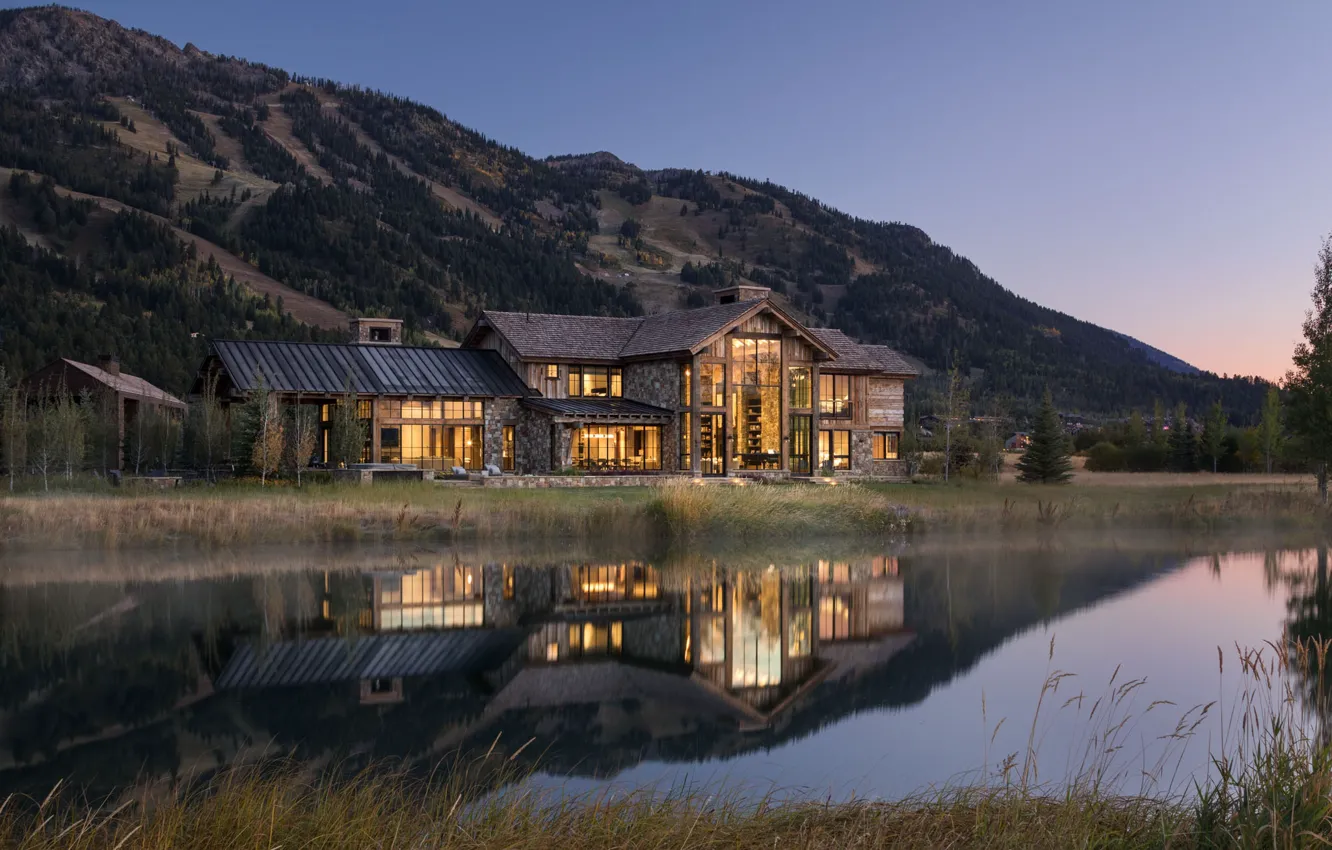 Photo wallpaper mountains, river, Villa, the evening, lighting, architecture