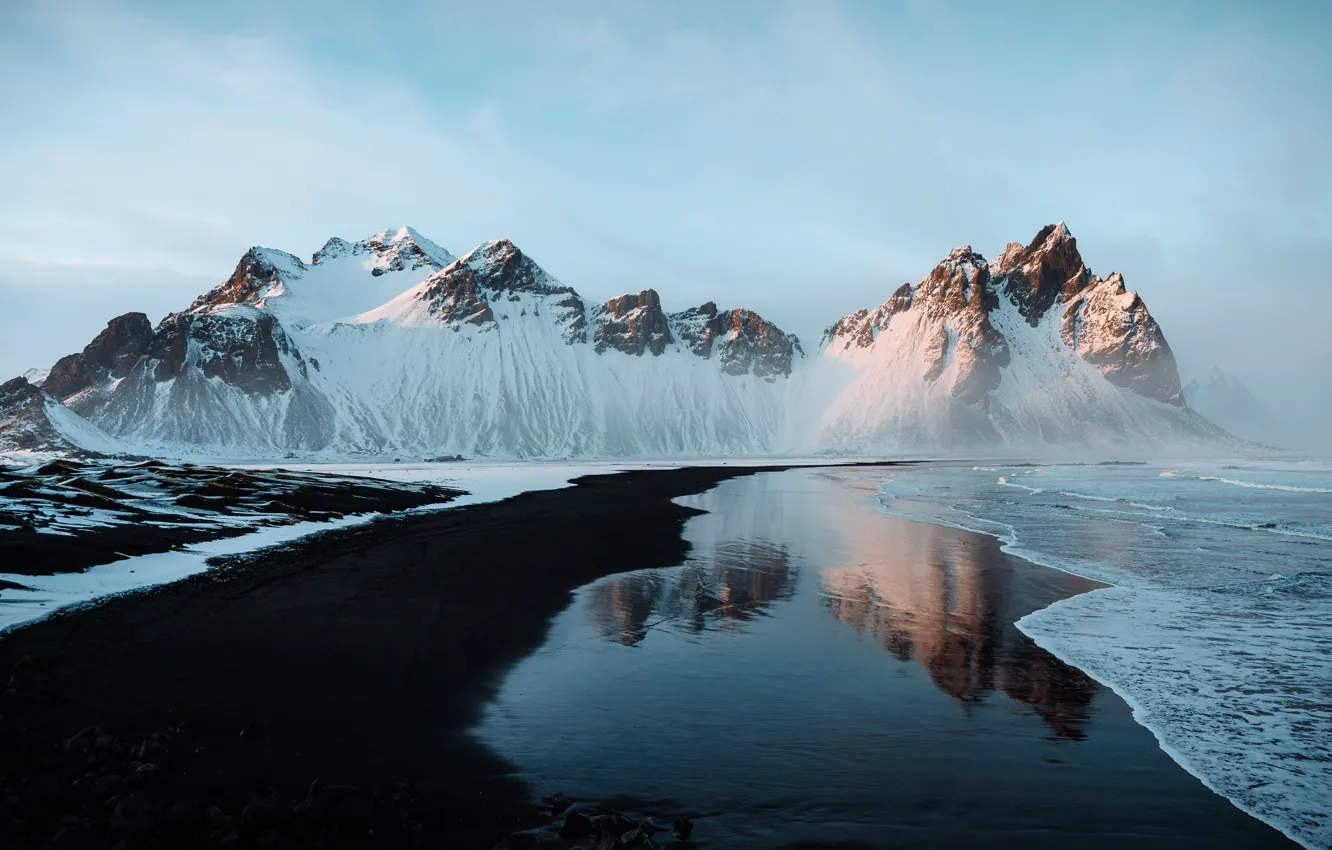 Photo wallpaper sea, the sky, snow, mountains, fog, reflection, rocks, shore