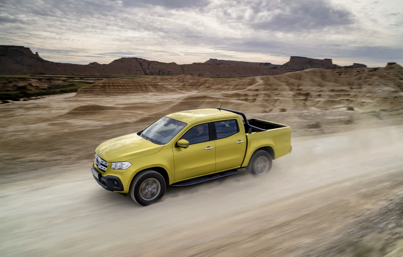 Photo wallpaper mountains, yellow, movement, Mercedes-Benz, dust, pickup, relief, primer
