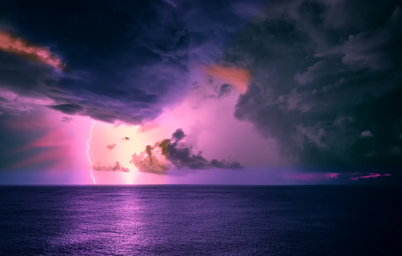 Photo wallpaper sea, the storm, clouds, lightning