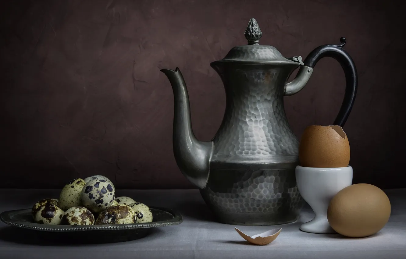 Photo wallpaper the dark background, table, wall, food, eggs, Breakfast, plate, dishes