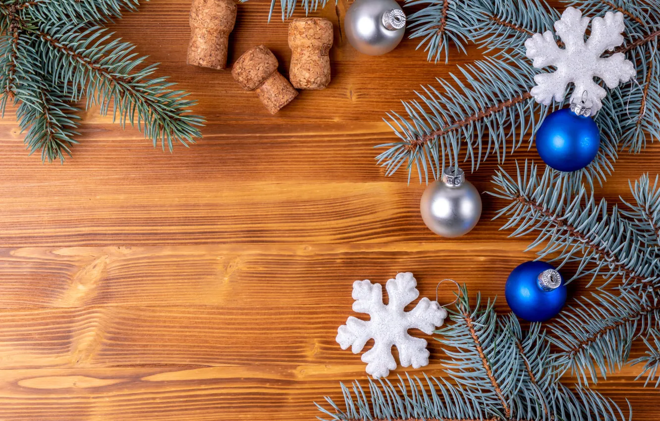 Photo wallpaper balls, snowflakes, branches, Board, Christmas, New year, tube, needles