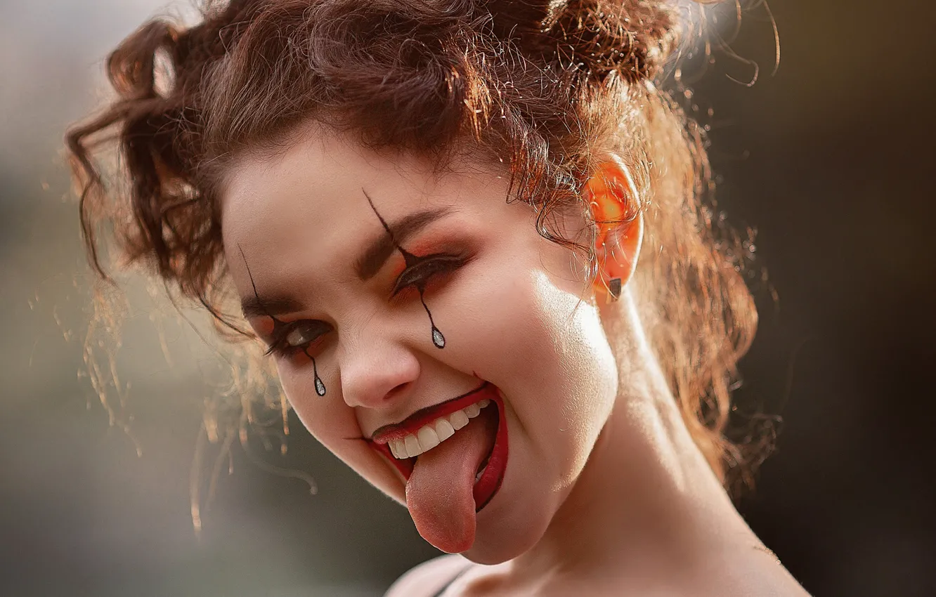 Photo wallpaper language, girl, face, mood, makeup, Harlequin, Kseniya Steak, Olesya Efanova