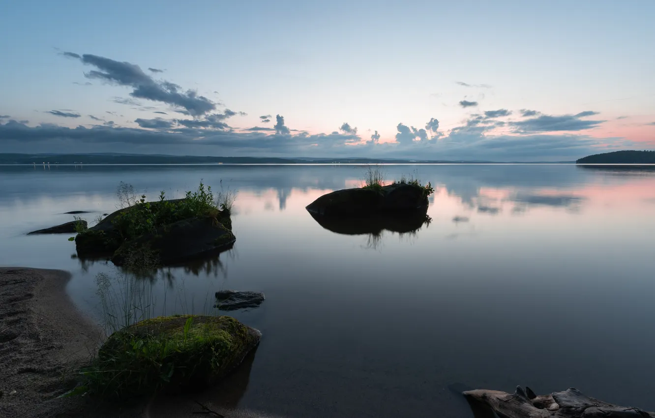 Photo wallpaper clouds, lake, dawn, horizon, space, water surface, boulders, the beauty of nature