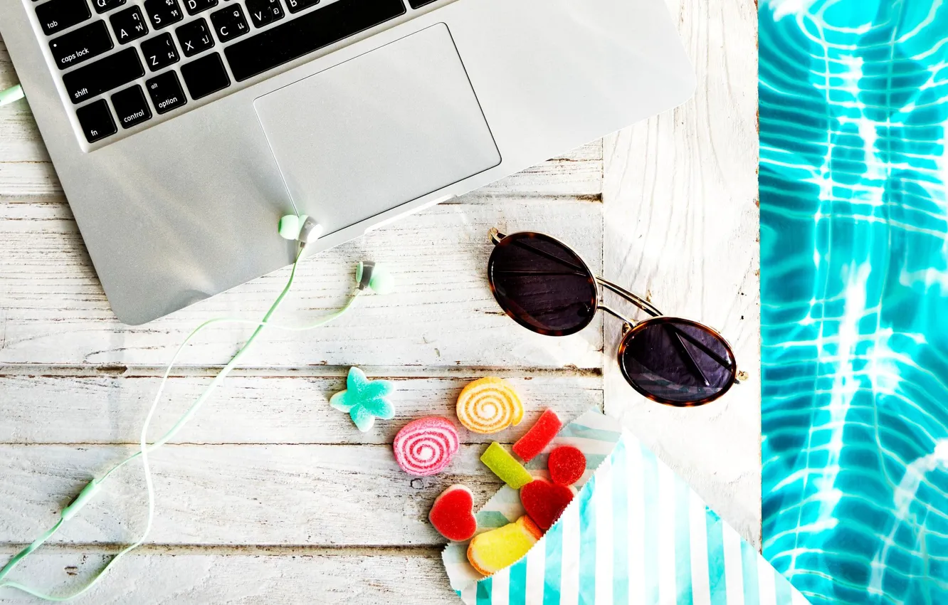 Photo wallpaper water, headphones, glasses, sweets, laptop