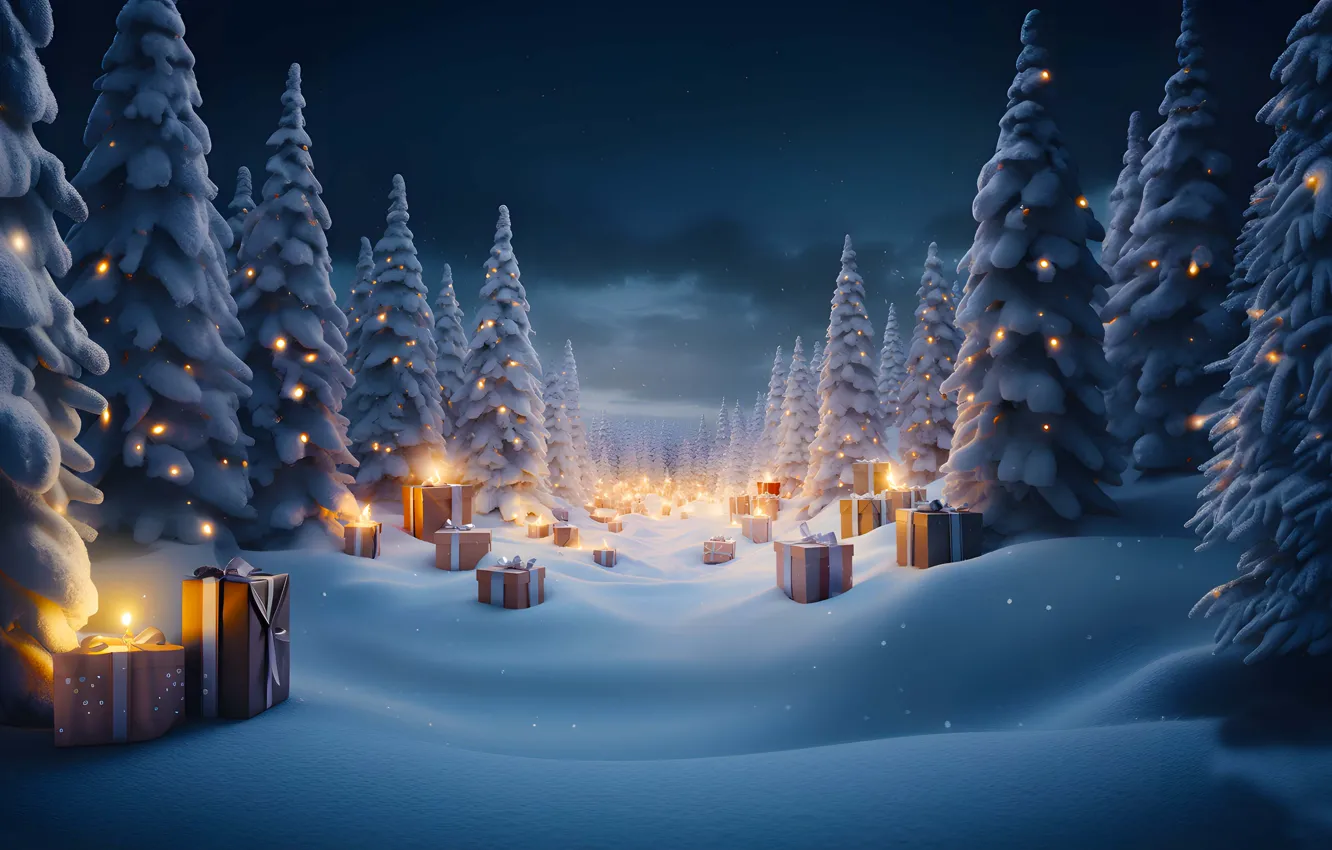 Photo wallpaper winter, forest, snow, night, lights, box, gift, tree
