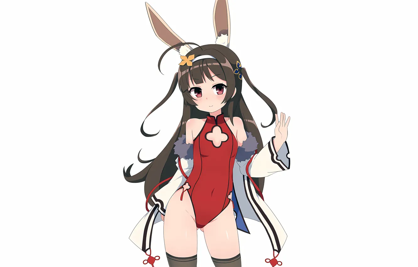 Photo wallpaper girl, sexy, cleavage, thighhighs, long hair, brown hair, boobs, anime