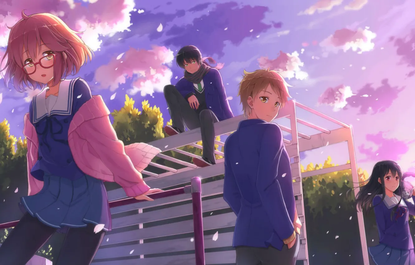 Photo wallpaper anime, kyoukai no kanata, Hiromi, NASA, Mirai Kuriyama, Akihito Kambara, Mitsuki, Nase, Playground.