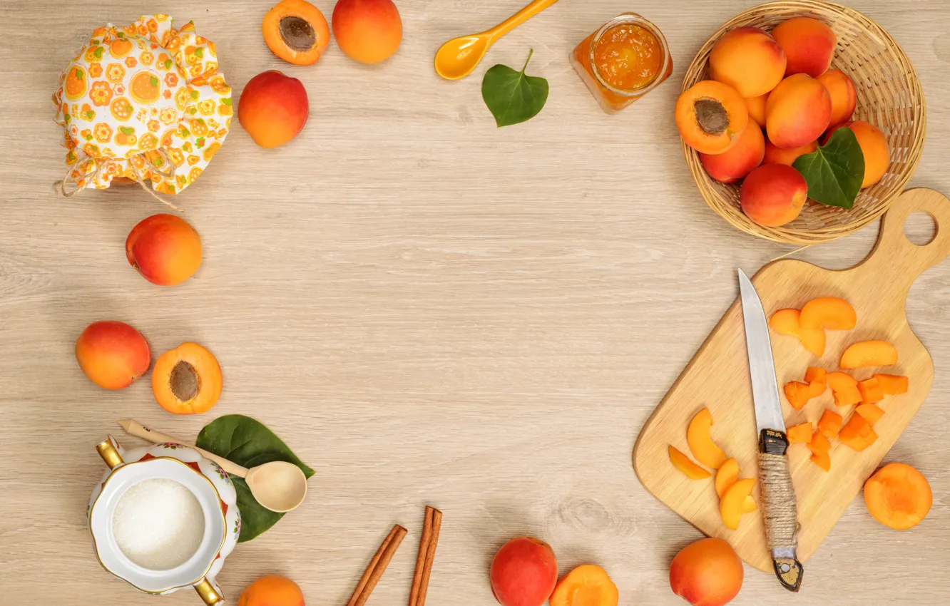 Photo wallpaper fruit, wood, jam, apricots, apricot