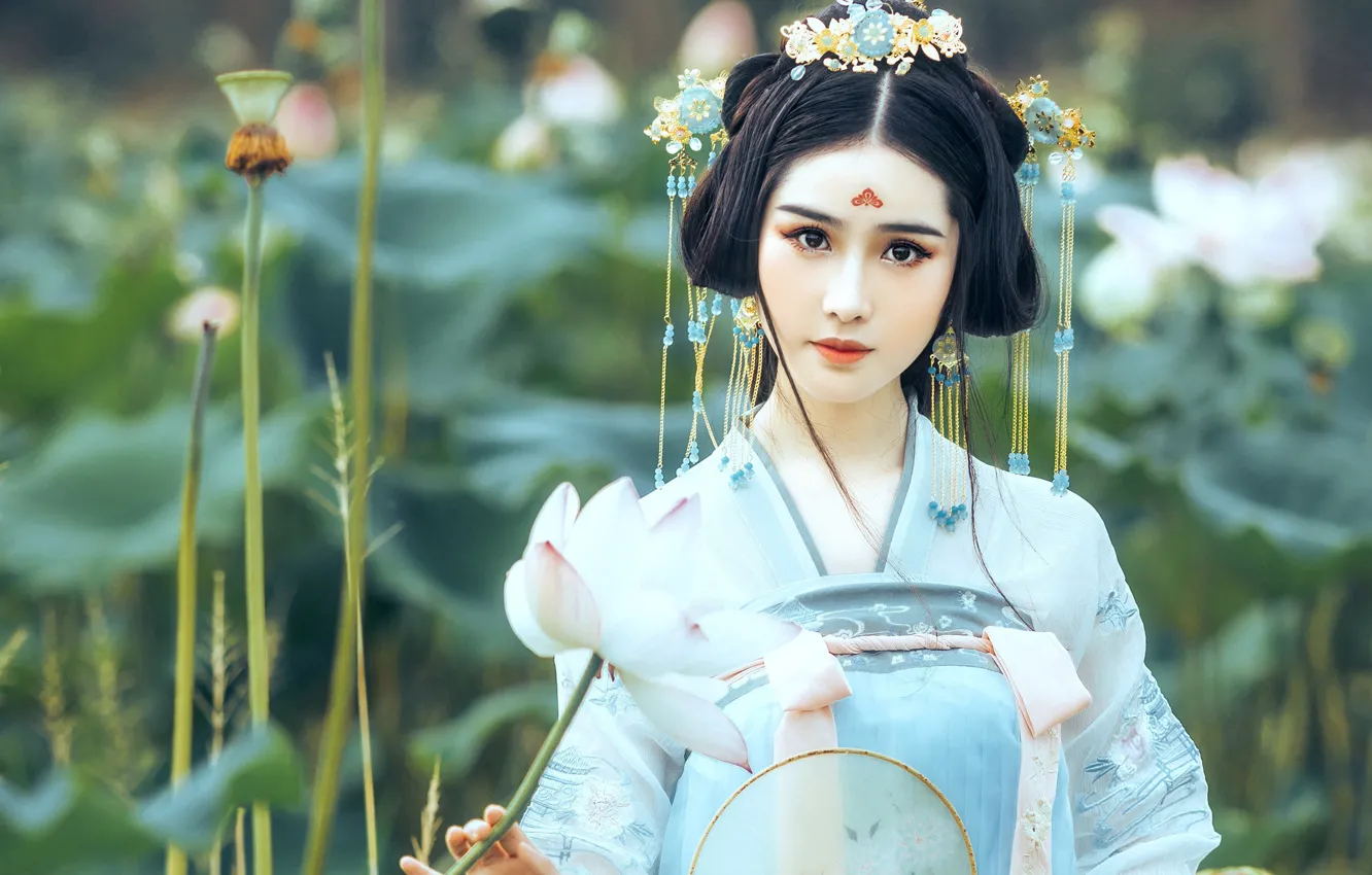 Photo wallpaper white, eyes, look, leaves, girl, decoration, flowers, nature