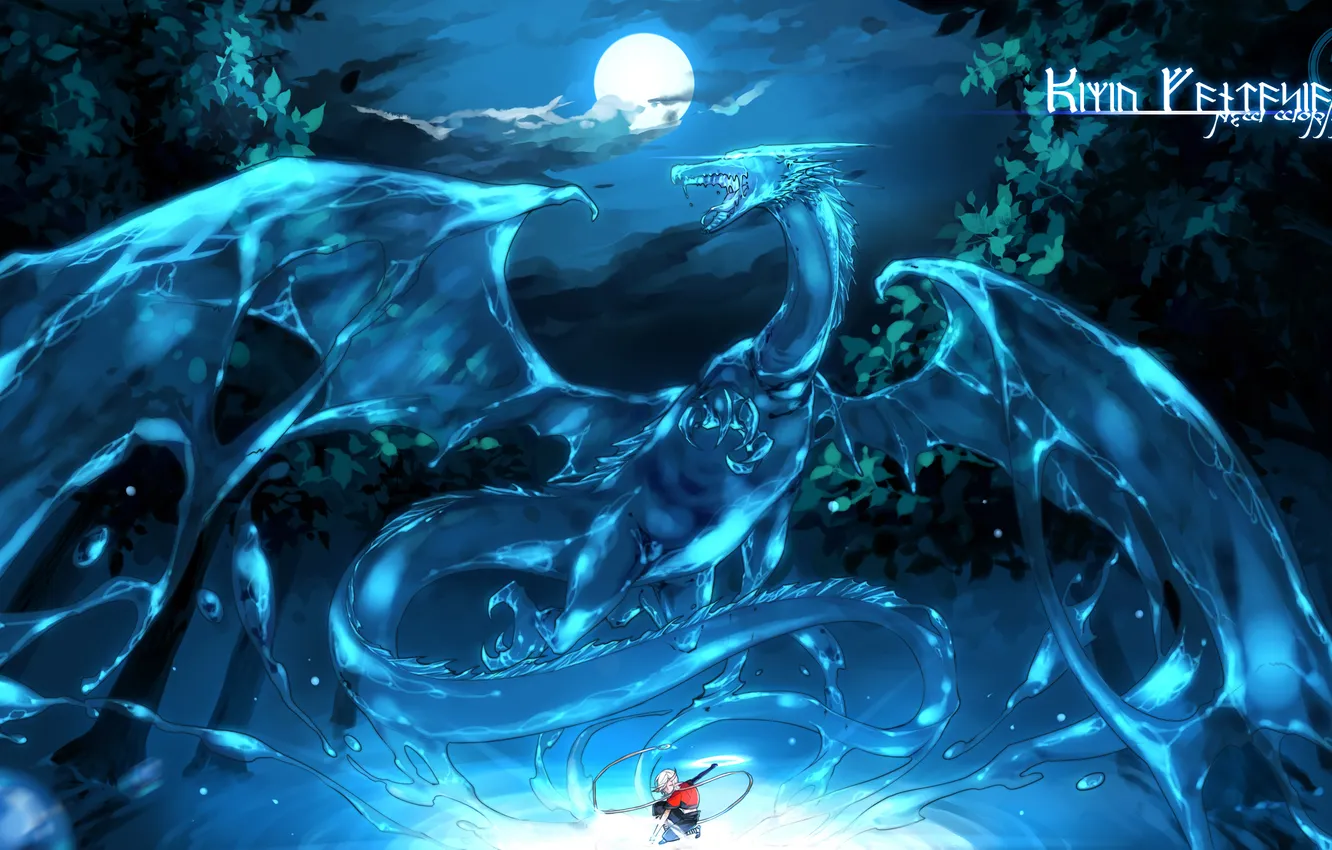 Photo wallpaper forest, trees, night, the moon, dragon, art, guy, call