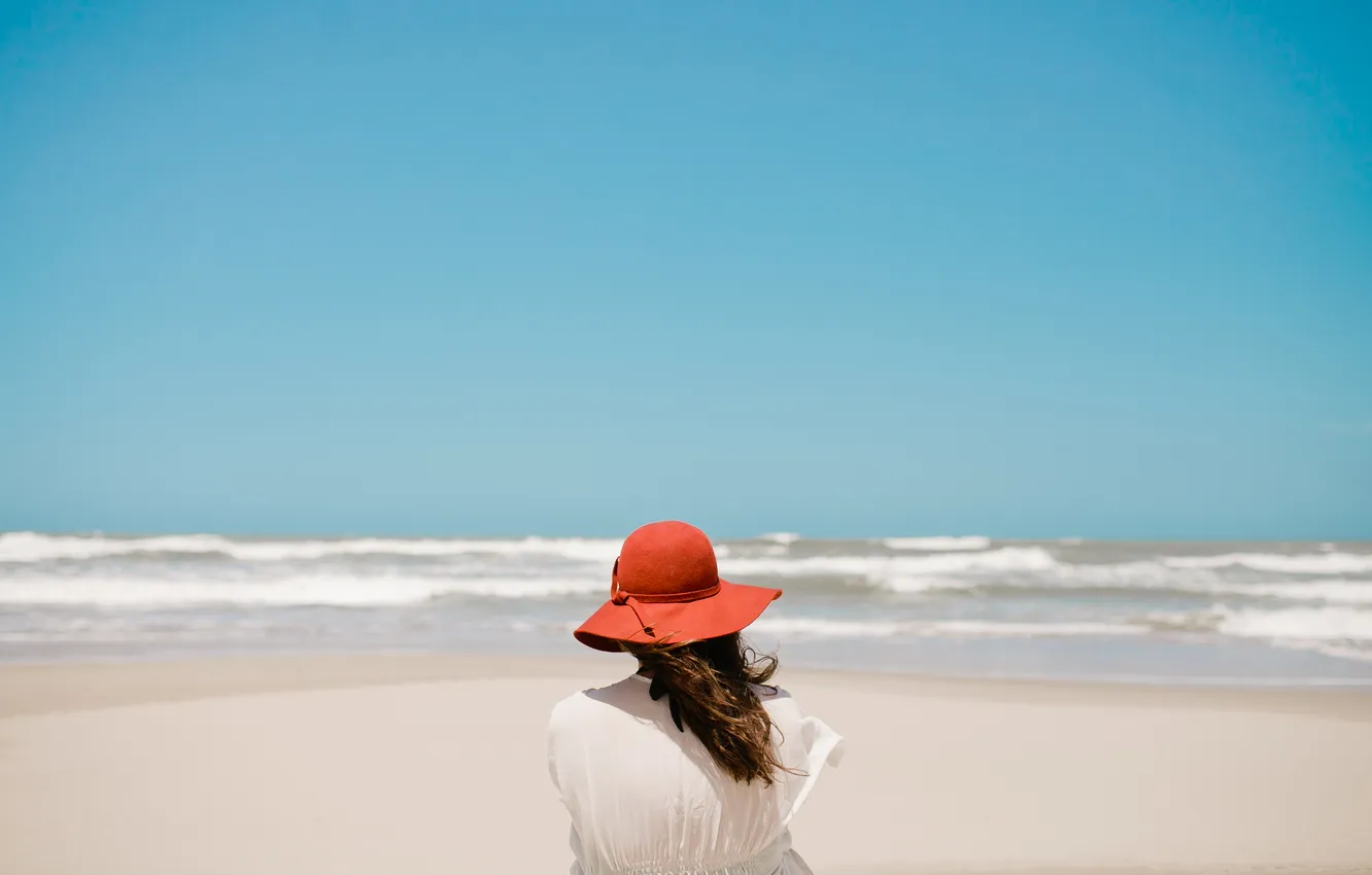 Photo wallpaper sand, wave, beach, summer, red, stay, hat
