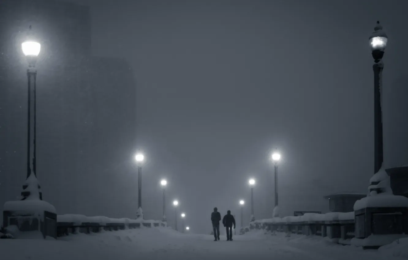 Photo wallpaper winter, snow, night, lights, fog, people, home, lights