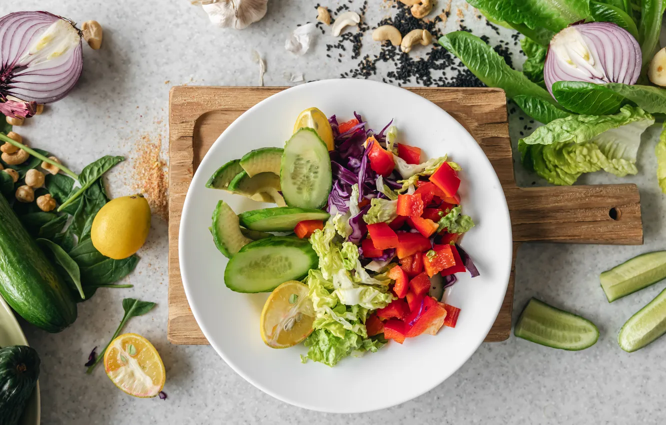 Photo wallpaper table, food, plate, vegetables, salad, submission