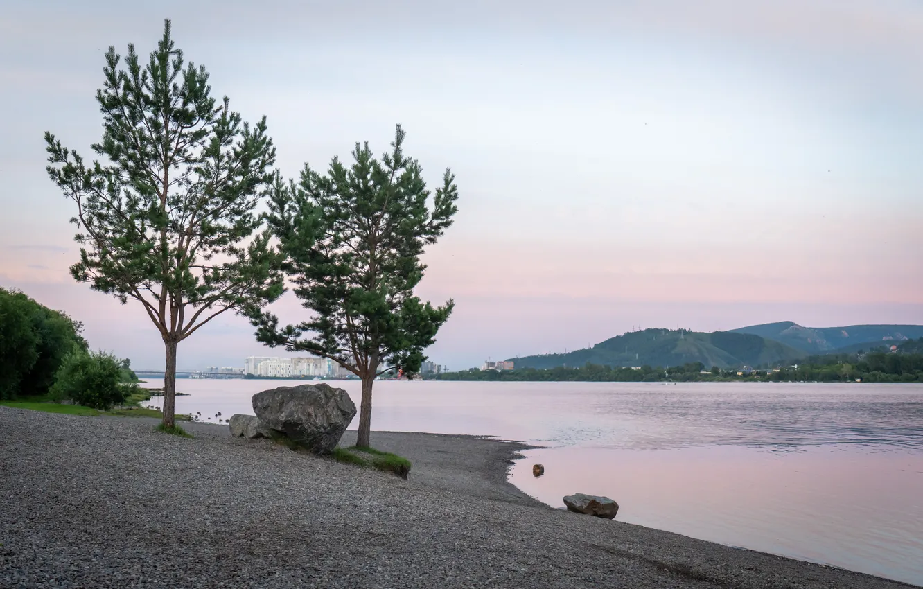 Photo wallpaper sunset, shore, Enisey
