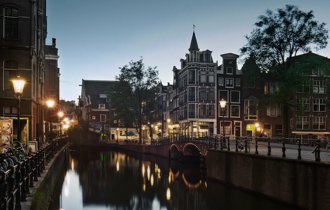 Photo wallpaper street, the evening, Amsterdam, lights, channel, twilight, Holland