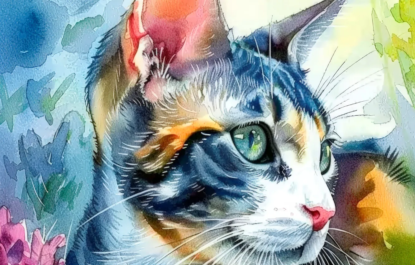 Photo wallpaper cat, cat, mustache, face, art, ears, closeup, digital art