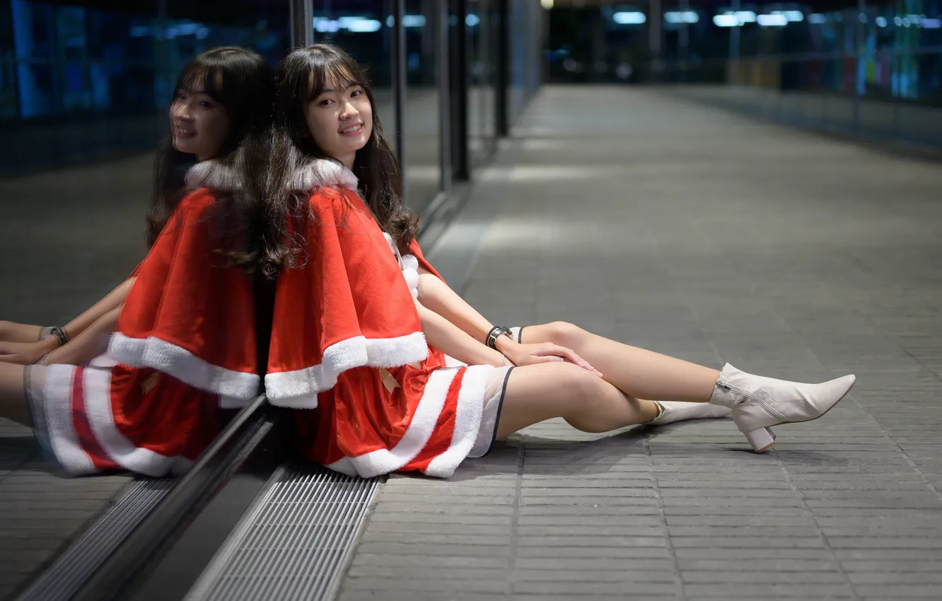 Photo wallpaper look, glass, pose, reflection, model, building, portrait, makeup