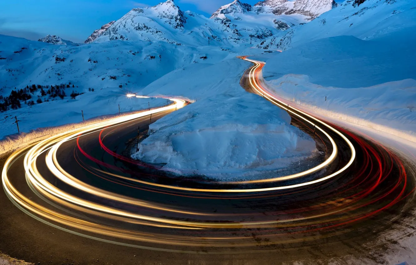 Photo wallpaper road, photography, landscape, nature, night, winter, snow, Mountains