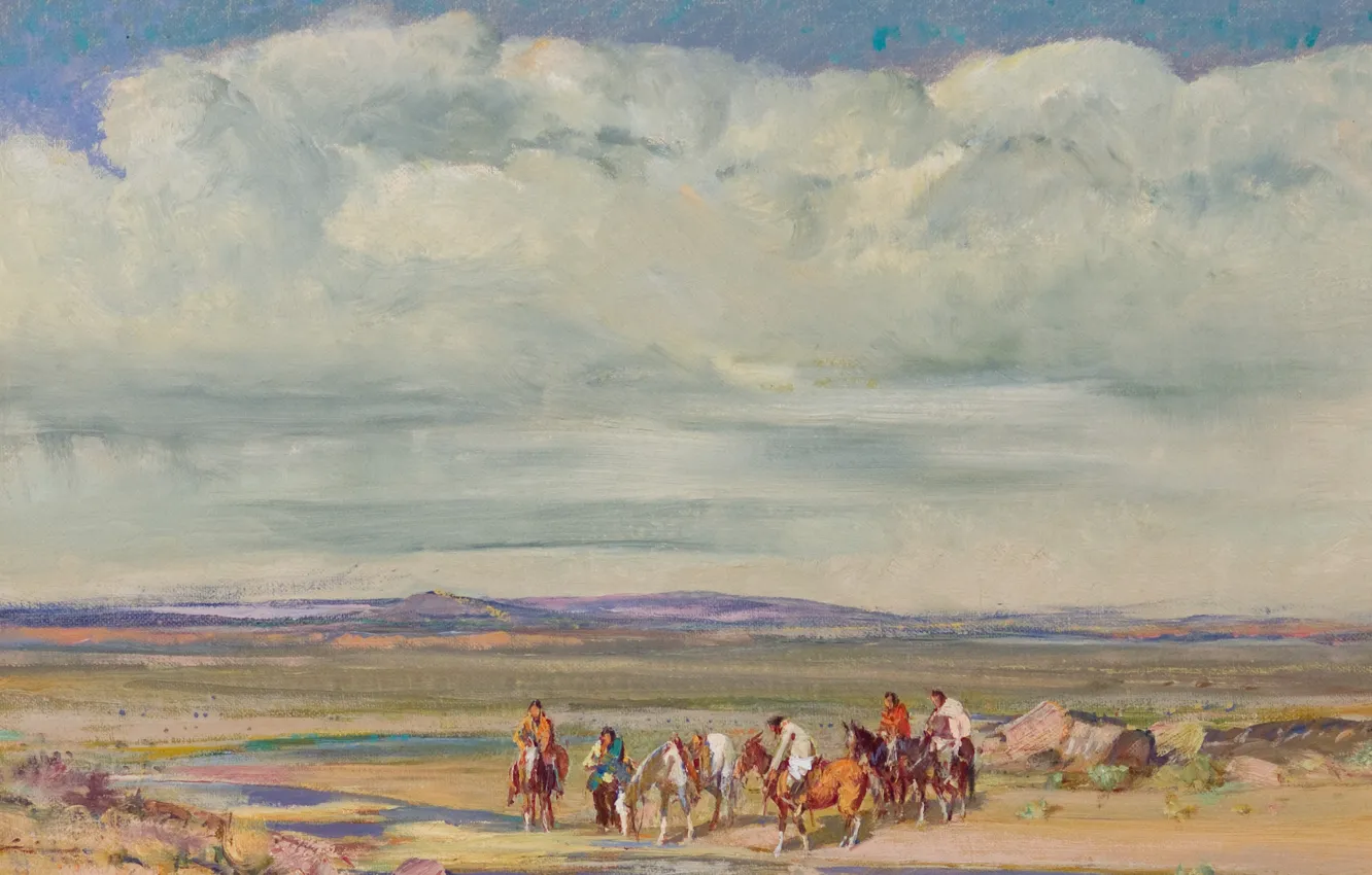 Photo wallpaper clouds, river, horse, the Indians, 1951, Oscar Edmund Berninghaus, Stream in the Desert