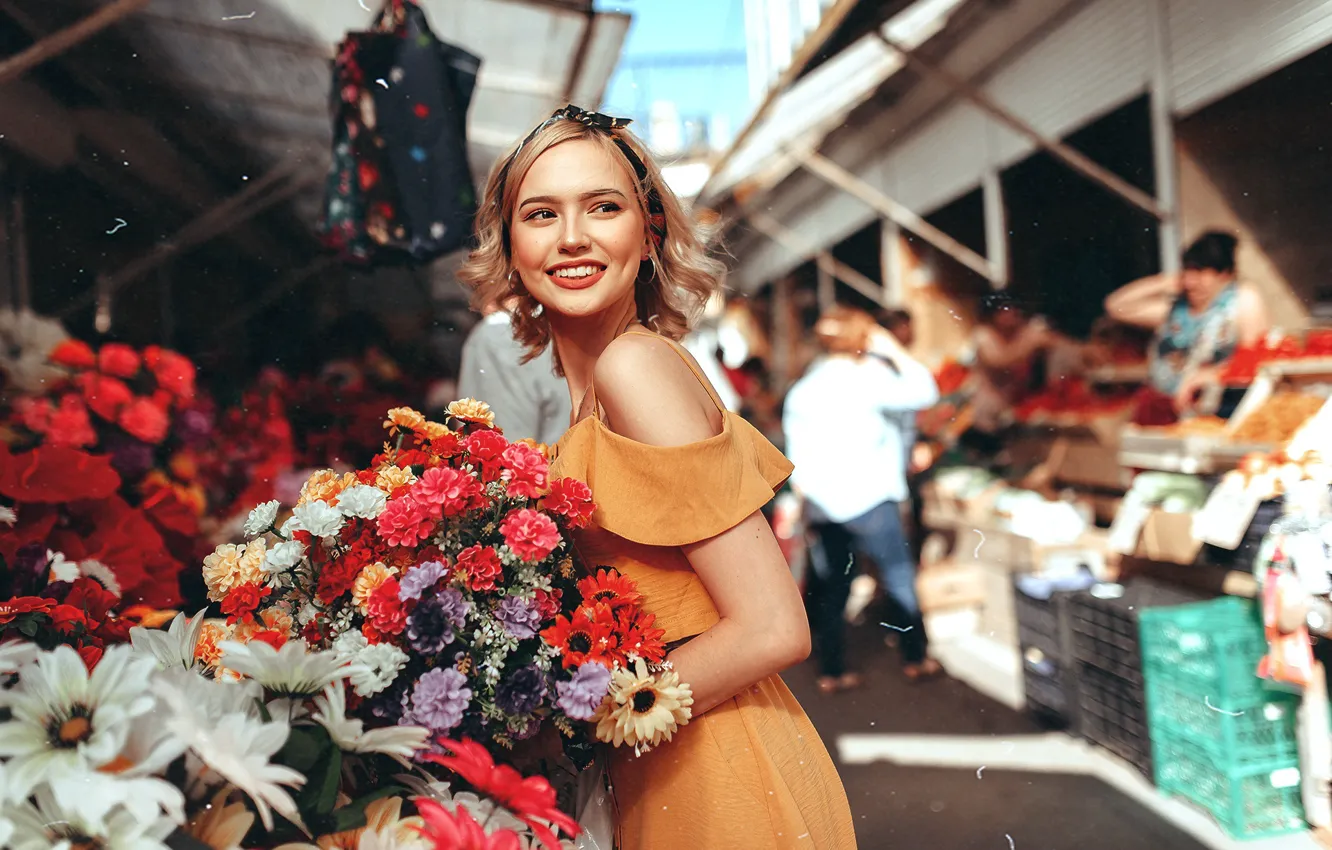Photo wallpaper look, girl, flowers, smile, Sasha Rusko, Anastasia Emelyanova