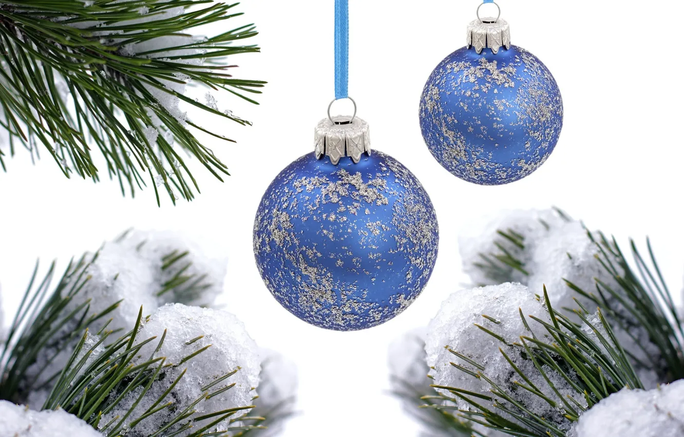 Photo wallpaper snow, balls, spruce