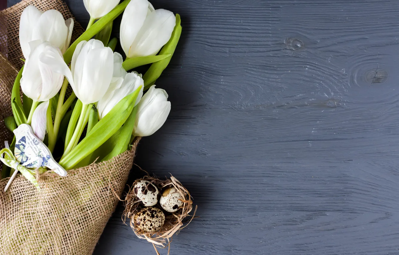Photo wallpaper holiday, spring, Easter, tulips, white, wood, flowers, tulips