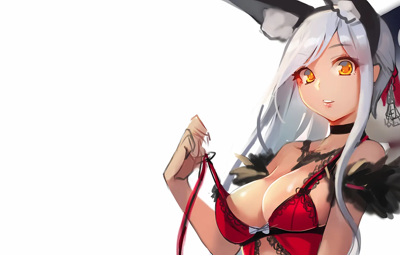 Photo wallpaper girl, sexy, cleavage, blouse, long hair, boobs, animal ears, anime