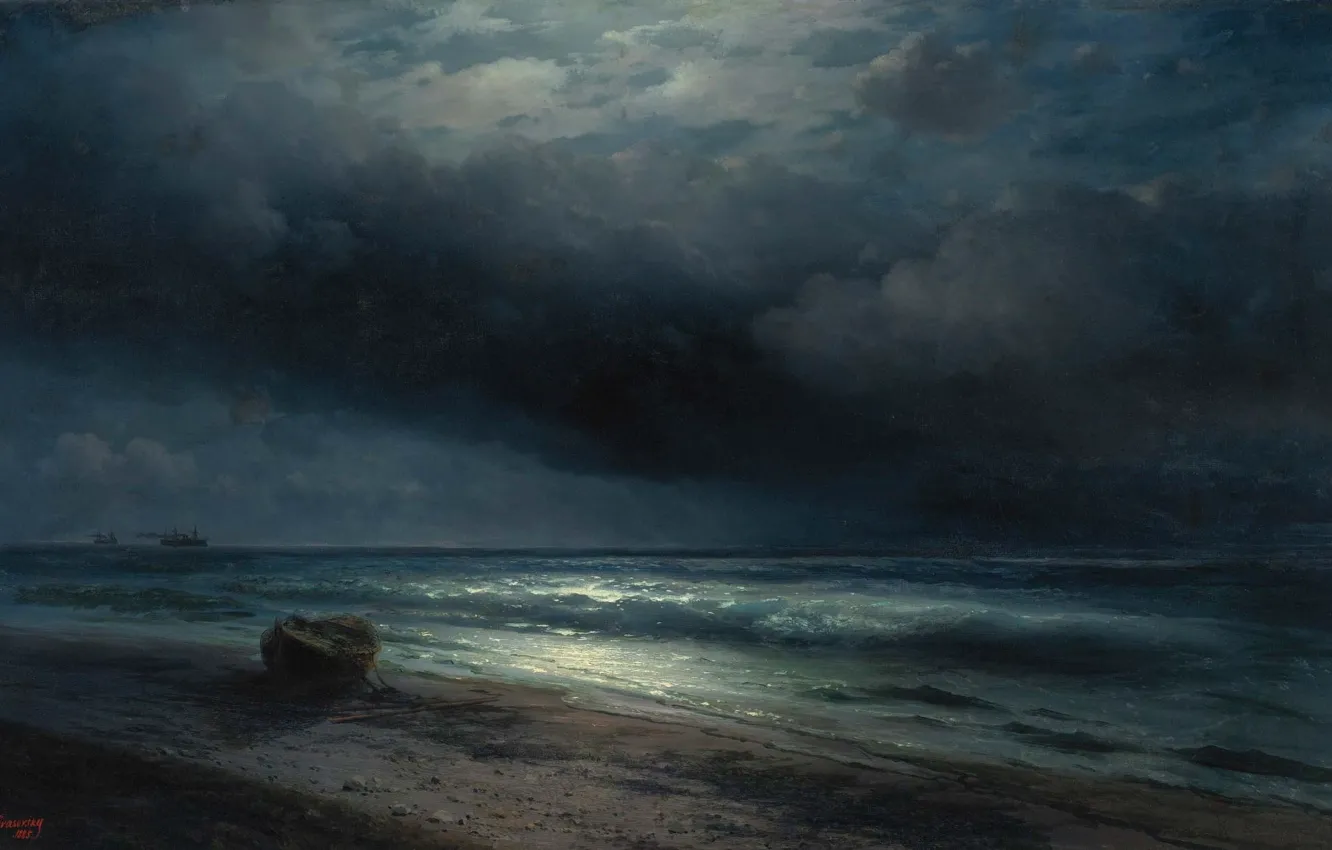 Photo wallpaper wave, light, clouds, shore, boat, horizon, Aivazovsky, moonlit night at sea