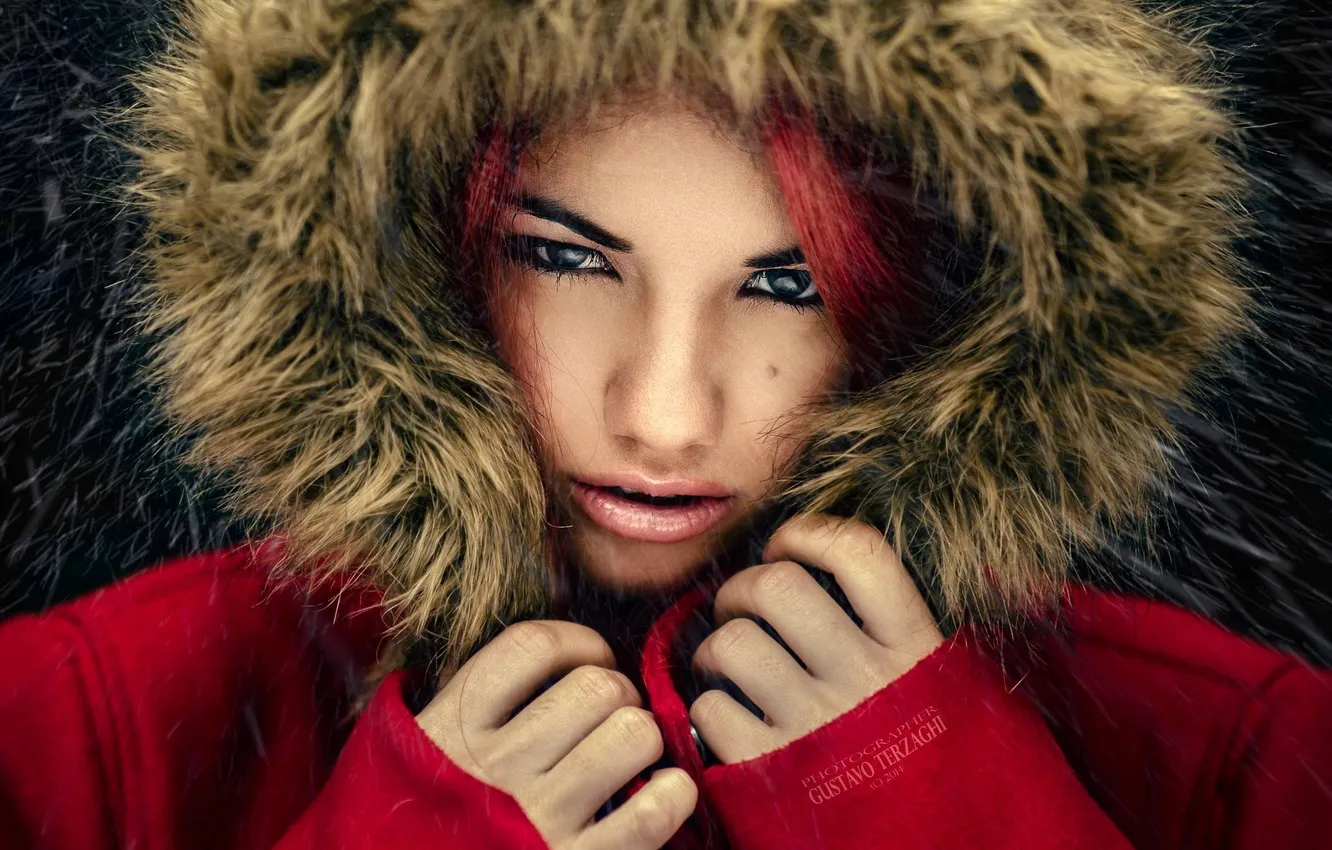 Photo wallpaper eyes, look, girl, face, lips, hood, fur, girl