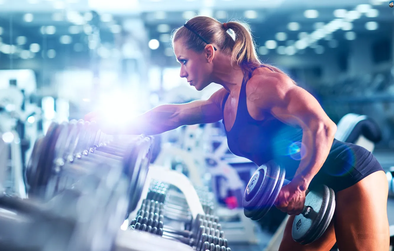 Photo wallpaper muscles, blonde, fitness, dumbbells, bodybuilder