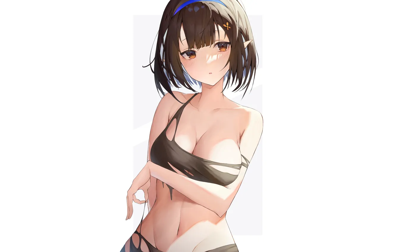 Photo wallpaper girl, sexy, cleavage, Boobs, anime, short hair, pretty, breasts