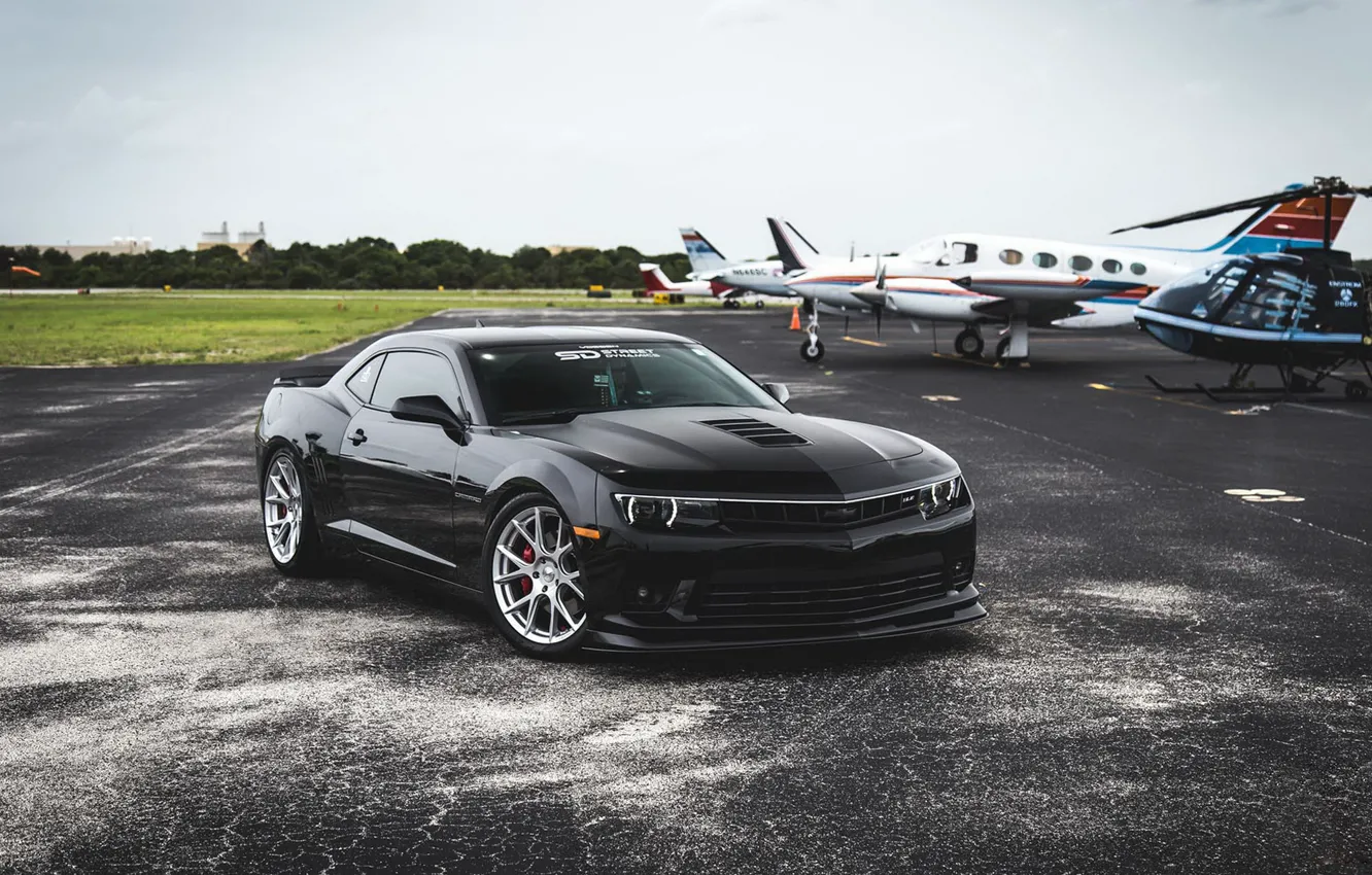 Photo wallpaper car, the plane, black, camaro, chevrolet