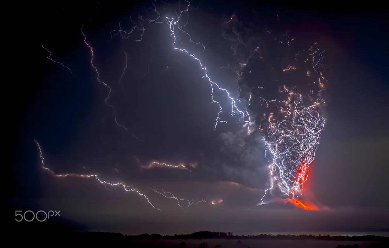 Photo wallpaper lightning, the volcano, Chile