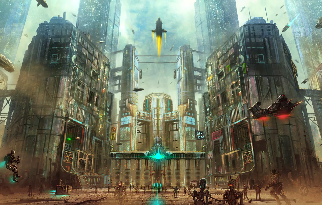 Photo wallpaper the city, fiction, skyscrapers, robots, area, megapolis, art, Cyberpunk