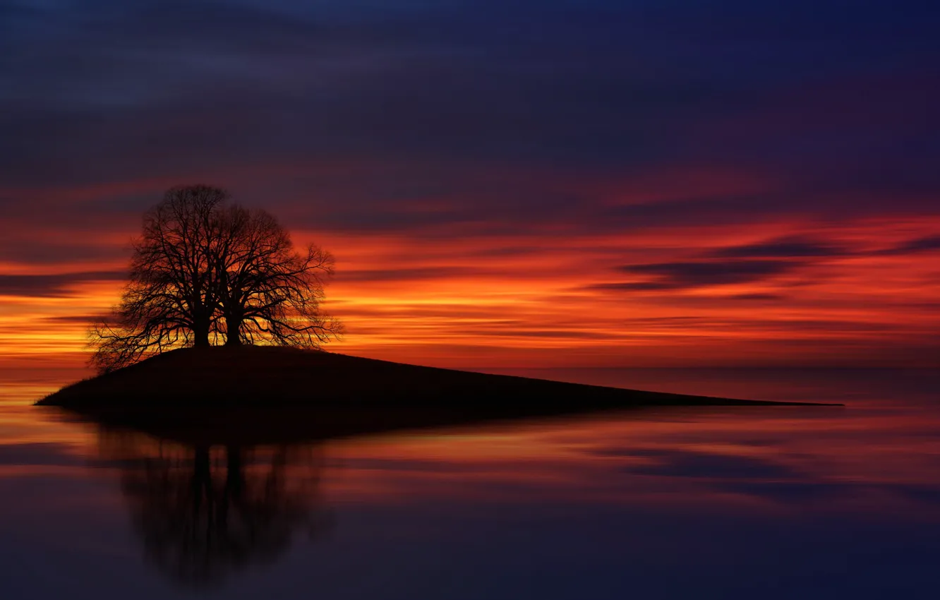 Photo wallpaper island, glow, trees, lake, silhouette
