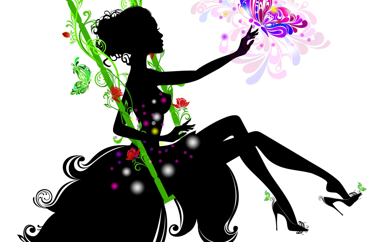 Photo wallpaper girl, flowers, eyelashes, swing, butterfly, hand, hands, dress