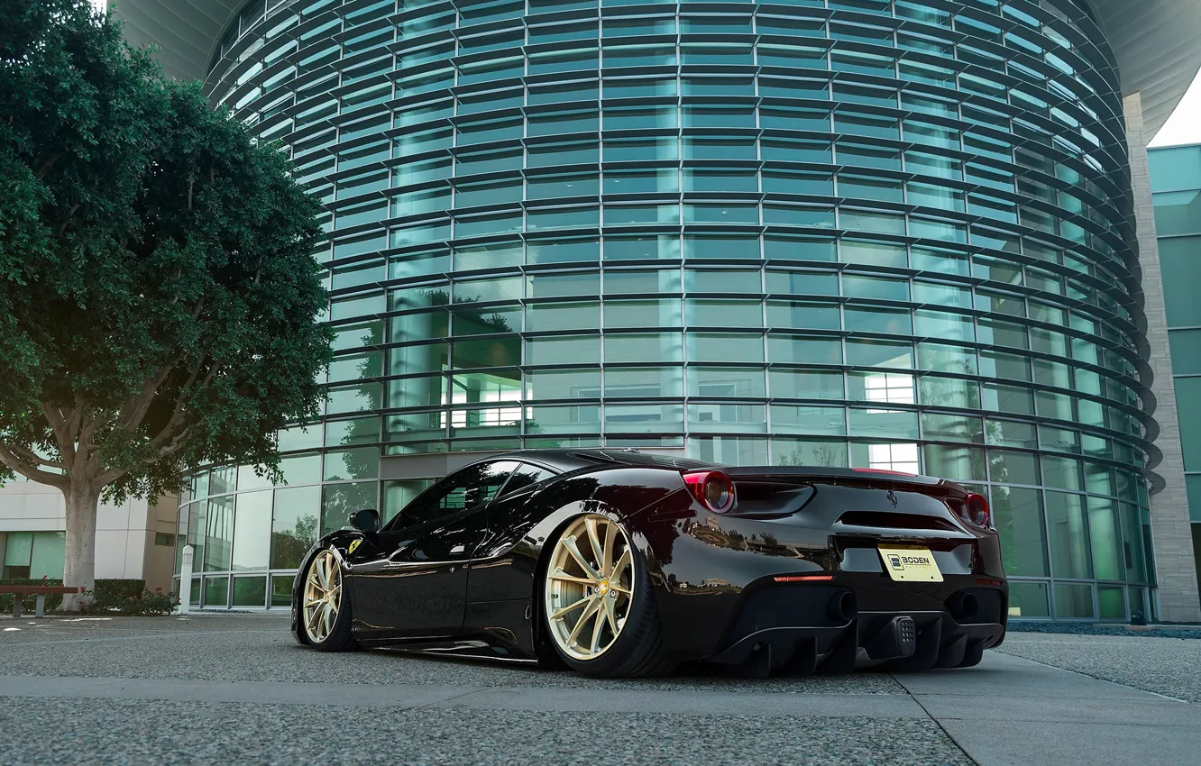 Photo wallpaper tree, the building, Ferrari, Black, 488 GTB