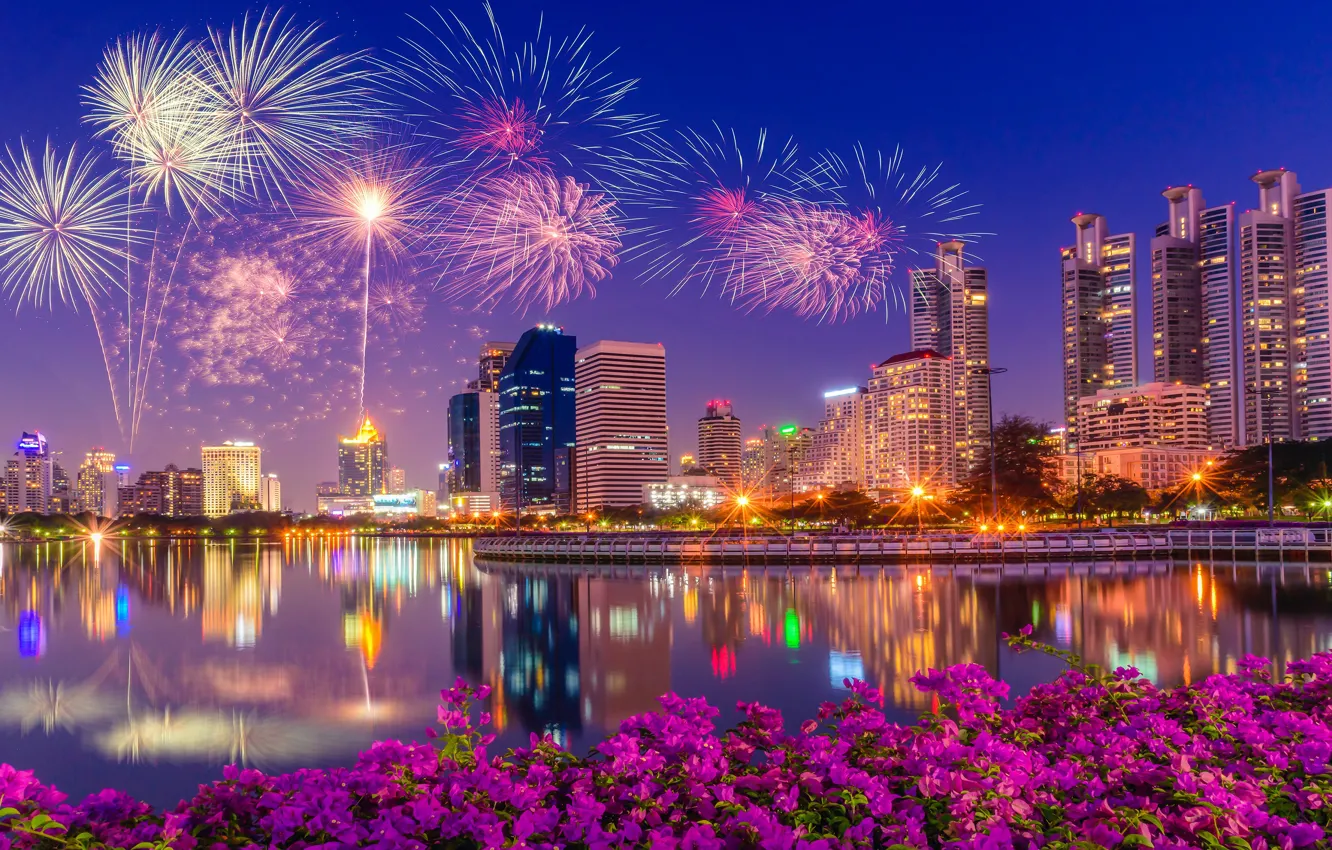 Photo wallpaper bright colors, flowers, night, the city, lights, reflection, blue, holiday