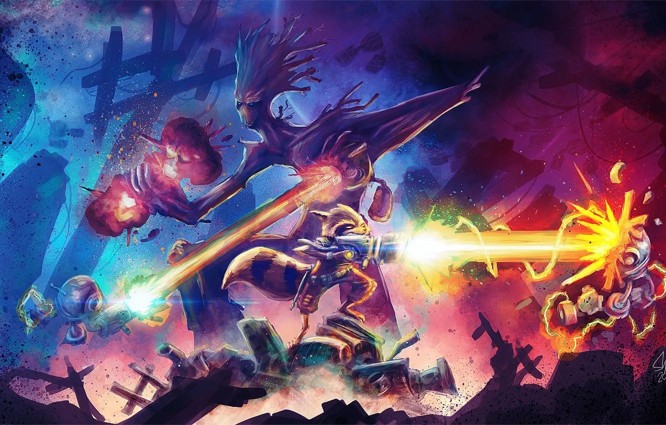 Photo wallpaper shot, battle, Rocket, Guardians of the Galaxy, Groot