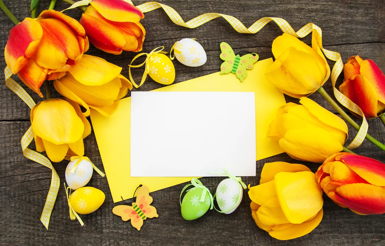 Photo wallpaper flowers, eggs, spring, colorful, Easter, tulips, happy, yellow