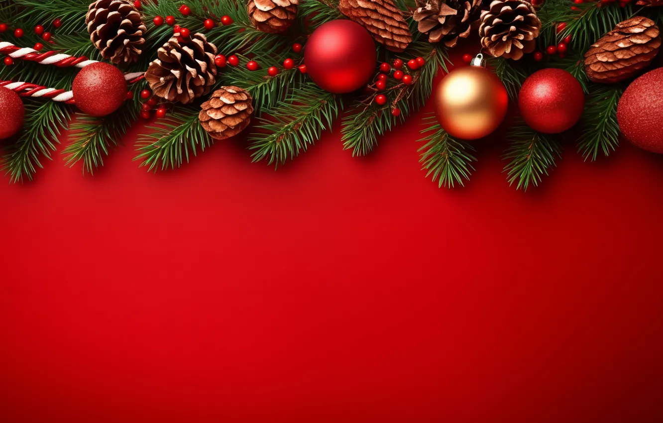Photo wallpaper balls, branches, red, new year, Christmas, needles, bumps, red background