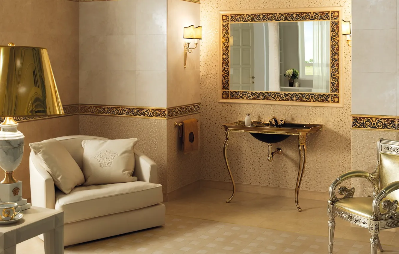 Photo wallpaper gold, lamp, interior, logo, chair, mirror, brand, bathroom