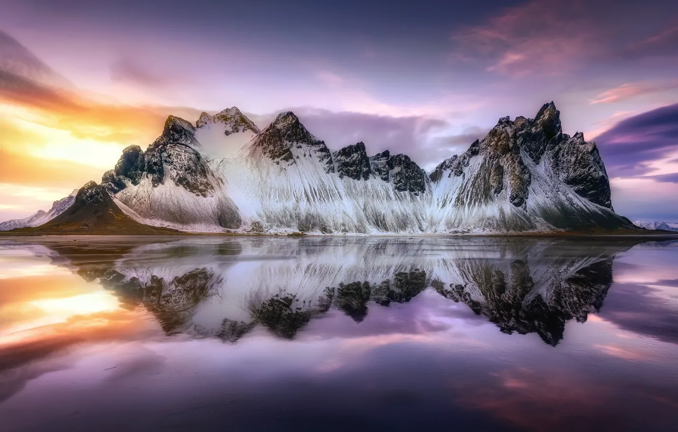 Photo wallpaper beach, the sky, water, light, mountains, reflection, Iceland, tide