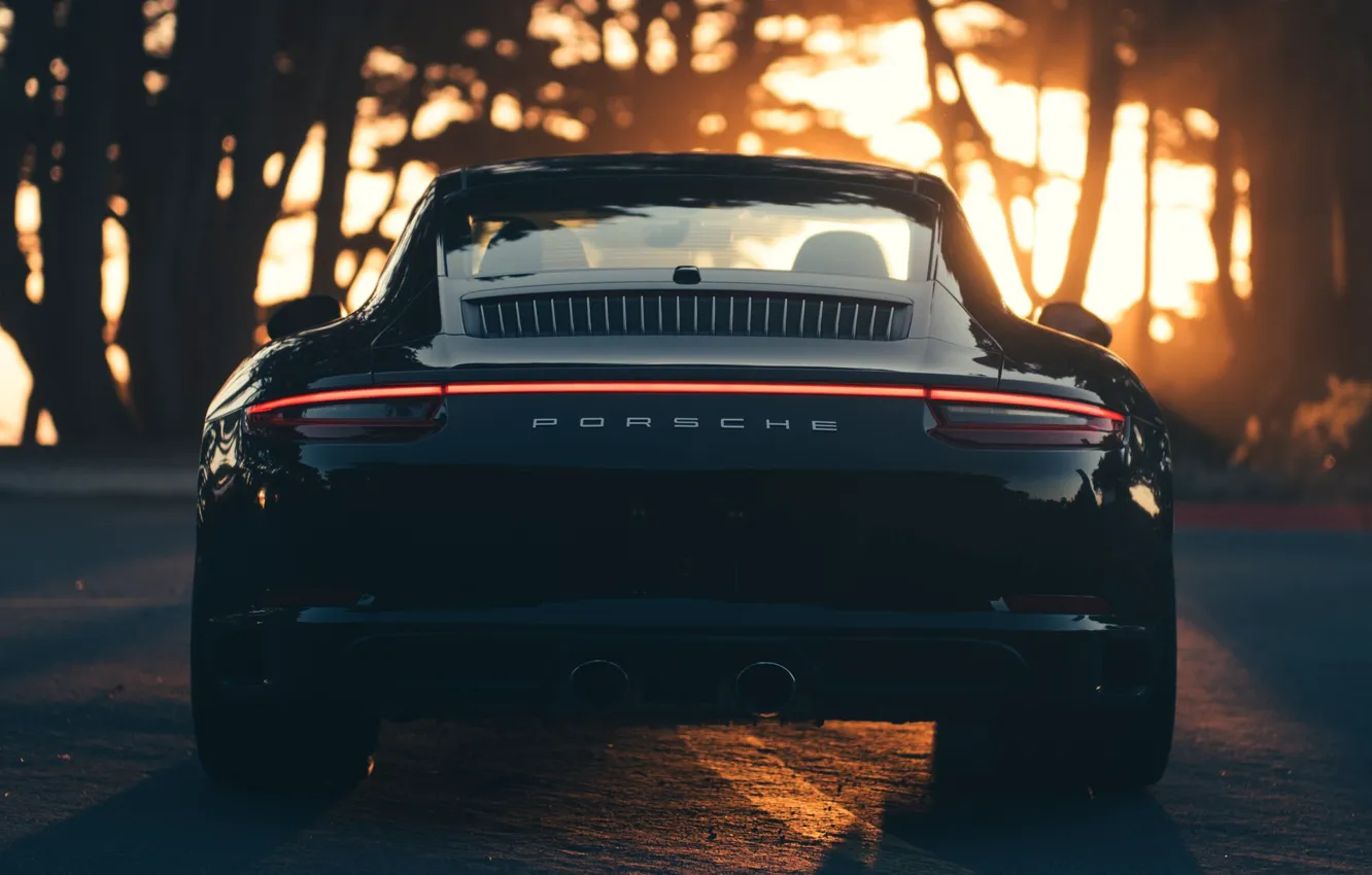 Photo wallpaper Sunset, Auto, Black, 911, Porsche, Machine, Carrera, Rear view
