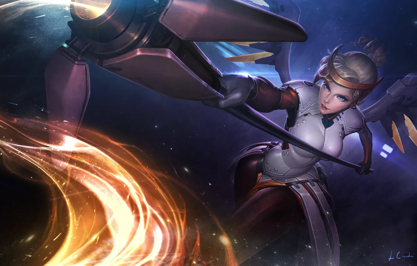 Photo wallpaper girl, wings, art, blonde, characters, Illustration, Overwatch, Mercy