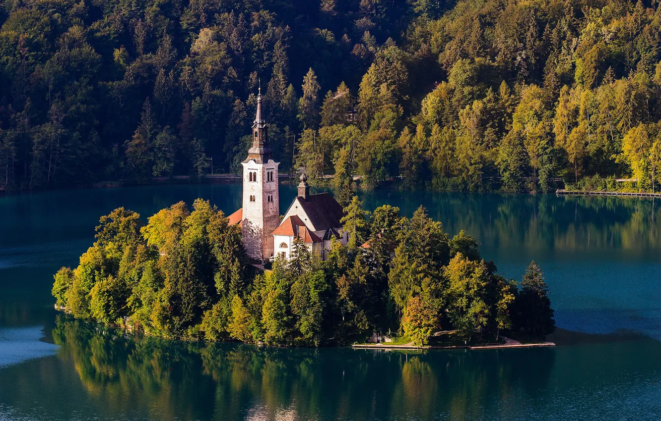 Photo wallpaper forest, mountains, nature, island, Church, Slovenia, lake bled