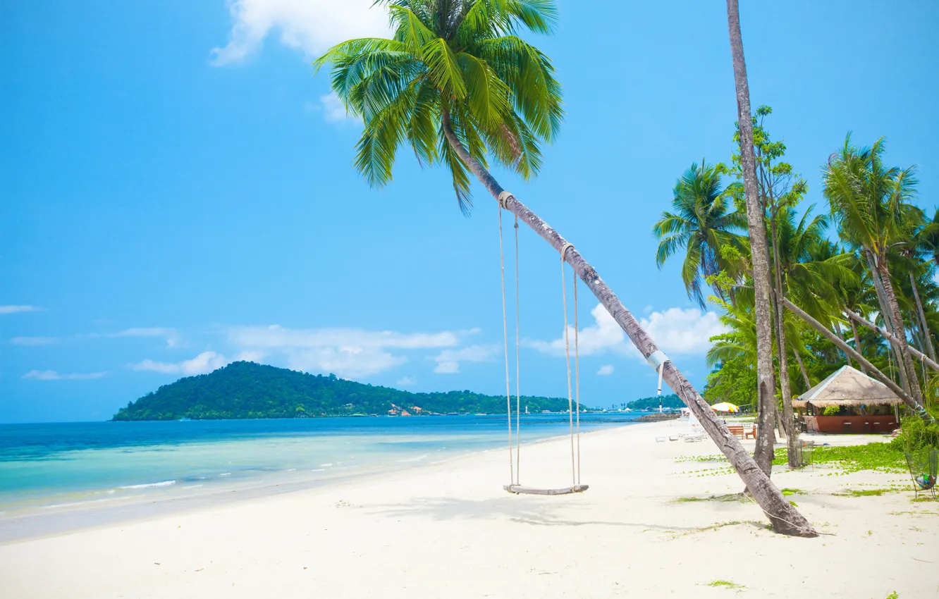 Photo wallpaper sand, sea, beach, the sun, palm trees, shore, island, summer