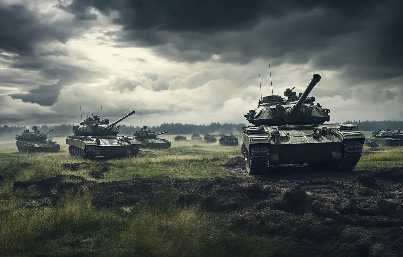 Photo wallpaper field, clouds, tank, digital art, AI art, The Art of Artificial Intelligence, War and conflict …