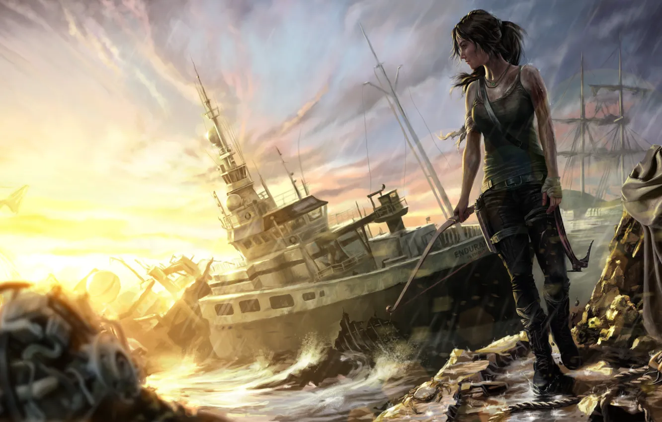 Photo wallpaper girl, ship, Tomb Raider, Croft, Lara